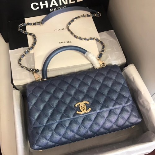 Chanel original Caviar leather flap bag top handle A92292 blue&Gold-Tone Metal
