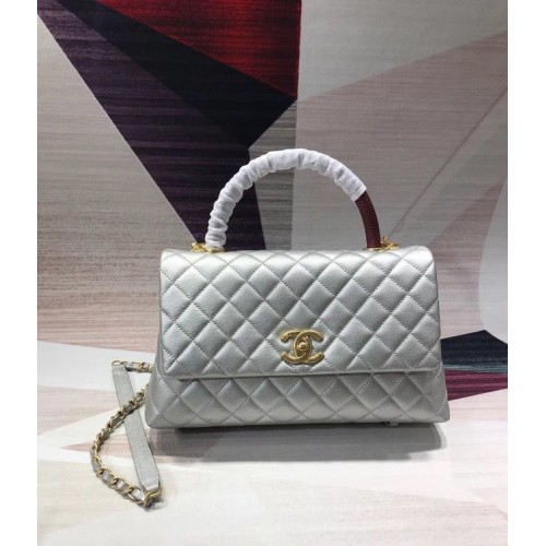 Chanel original Caviar leather flap bag top handle B92291 silvery &gold-Tone Metal