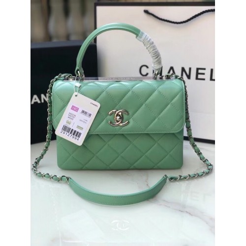 Chanel original lambskin top handle flap bag AS92236 light green&silver-Tone Metal