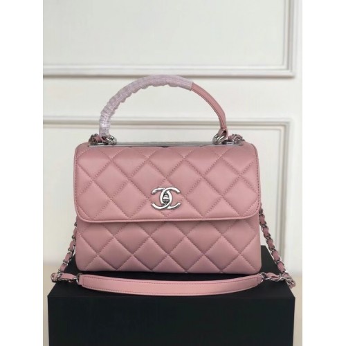 Chanel original lambskin top handle flap bag AS92236 pink&silver-Tone Metal
