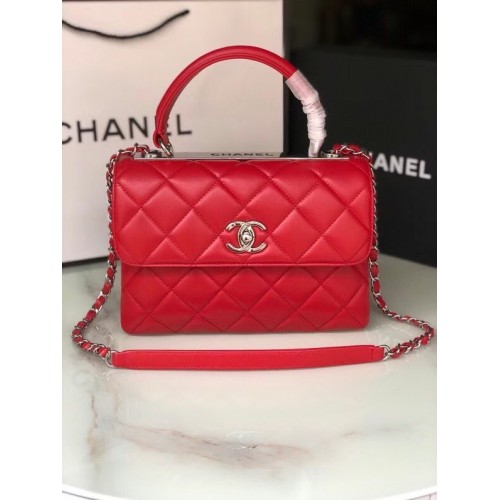 Chanel original lambskin top handle flap bag AS92236 red&silver-Tone Metal