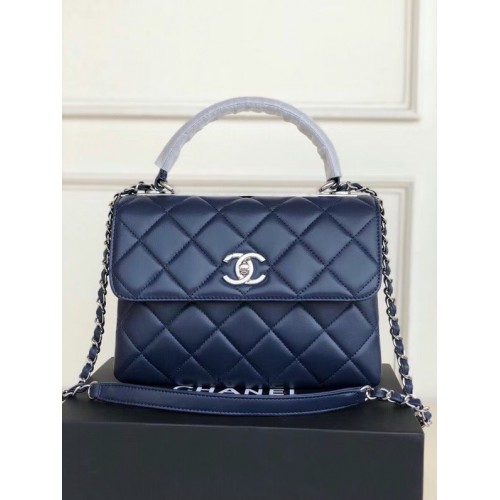 Chanel original lambskin top handle flap bag AS92236 royal blue&silver-Tone Metal