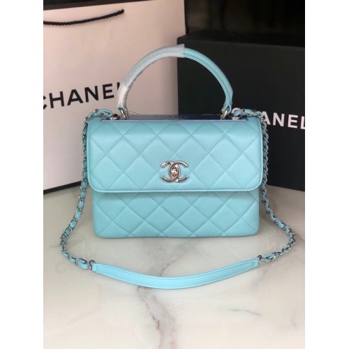 Chanel original lambskin top handle flap bag AS92236 sky blue&silver-Tone Metal