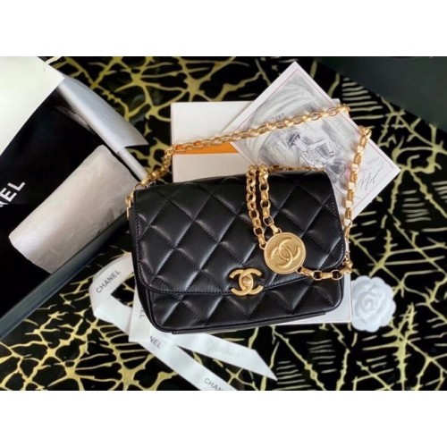 Chanel small flap bag Lambskin Gold-Tone Metal AS2189 black