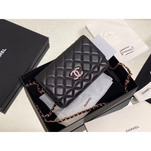 Chanel wallet on chain Lambskin Laquered Gold-Tone Metal AP2021 black