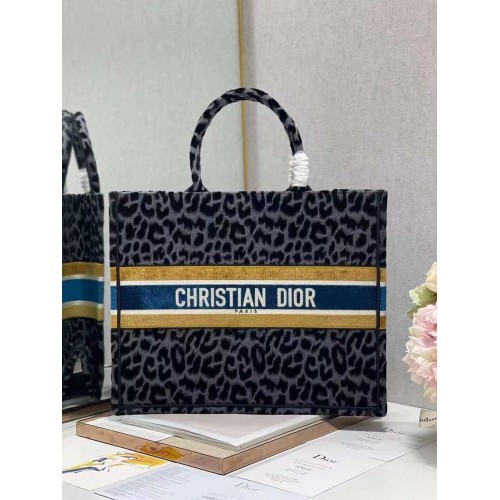 DIOR BOOK TOTE Embroidery C1286-4 Black&gray Leopard Print