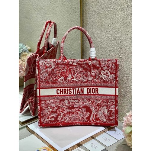 DIOR BOOK TOTE Raspberry Toile de Jouy Reverse Embroidery M1286ZR RED