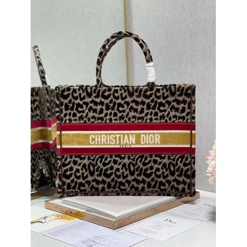 DIOR BOOK TOTE Embroidery  C1286-1 Brown Leopard Print