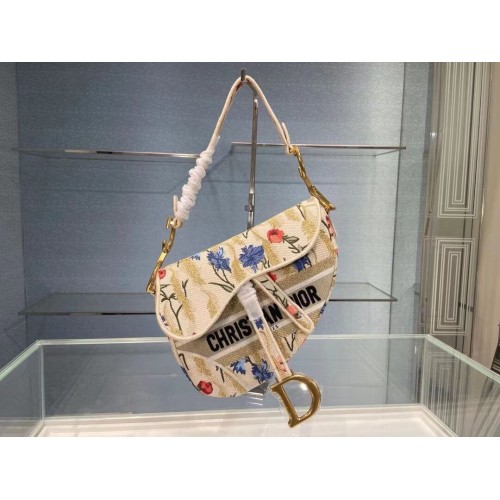 DIOR Beige Multicolor Dior Hibiscus Metallic Thread Embroidery SADDLE BAG M0446C Beige
