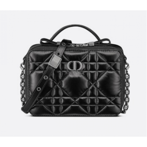 DIOR CARO BOX BAG WITH CHAIN Black Quilted Macrocannage Calfskin S5140B