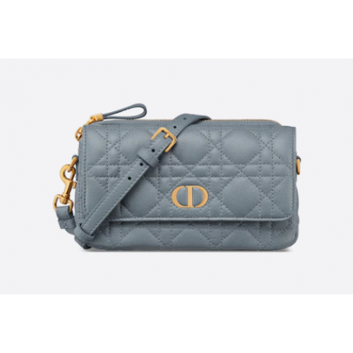 DIOR CARO POUCH WITH CHAIN Supple Cannage Calfskin S5125UWH Cloud Blue