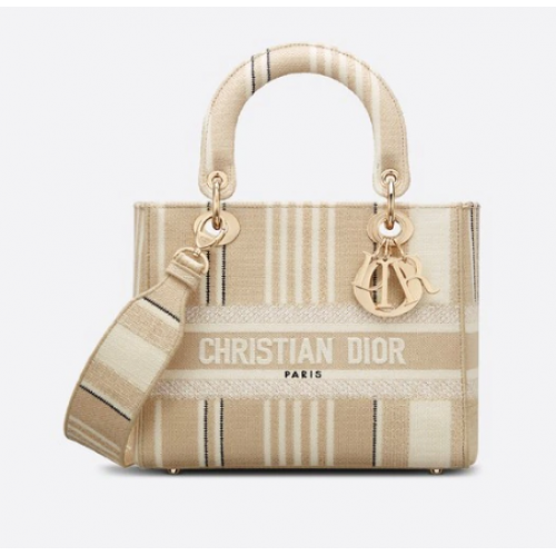 DIOR MEDIUM LADY D-LITE BAG Beige Stripes Embroidery M0565O
