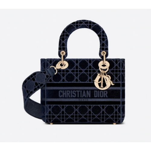 DIOR MEDIUM LADY D-LITE BAG Blue Cannage Embroidered Velvet M0565