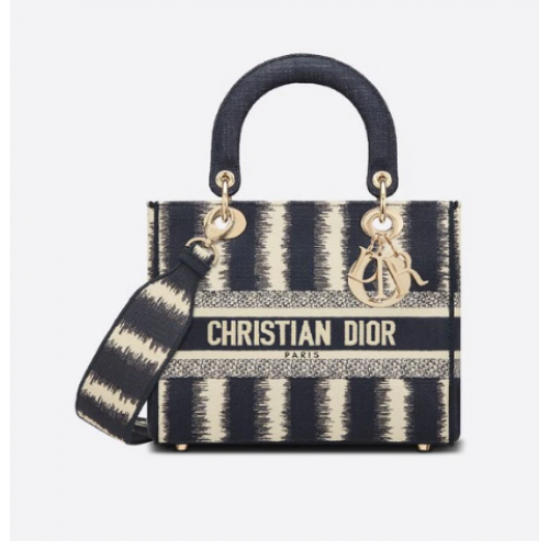 DIOR MEDIUM LADY D-LITE BAG Blue D-Stripes Embroidery M0565