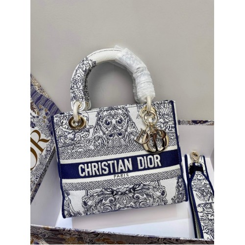 DIOR MEDIUM LADY D-LITE BAG Blue Toile de Jouy Reverse Embroidery M0565ORGO