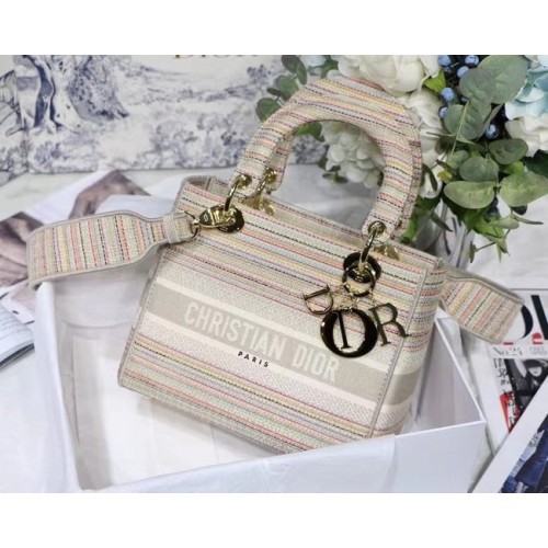 DIOR MEDIUM LADY D-LITE BAG D-Stripes Embroidery M0565 Beige