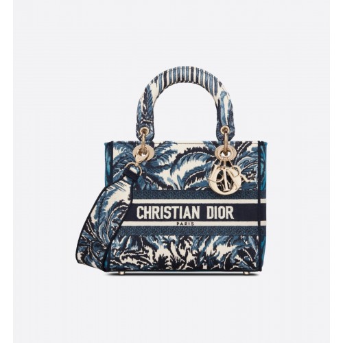DIOR MEDIUM LADY D-LITE BAG Dark Blue Tree Cannage Embroidery M0565OREY Blue