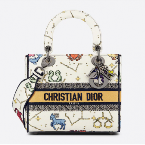 DIOR MEDIUM LADY D-LITE BAG Ecru Multicolor Dior Pixel Zodiac Embroidery M0565BRTY