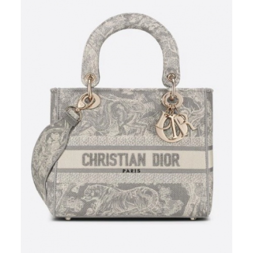 DIOR  MEDIUM LADY D-LITE BAG Gray Toile de Jouy Reverse Embroidery M0565OR