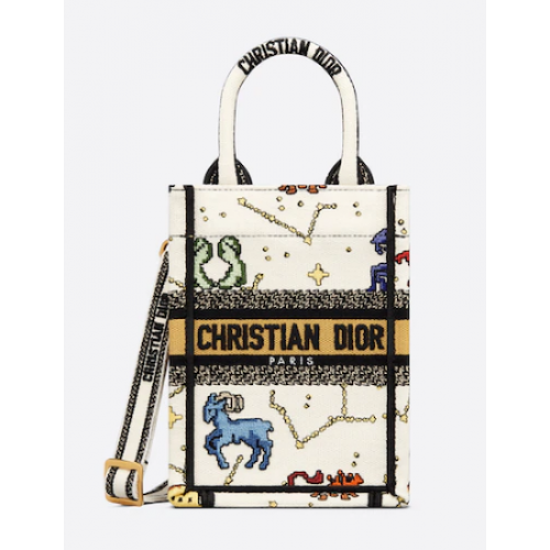 DIOR MINI DIOR BOOK TOTE PHONE BAG Latte Multicolor Dior Pixel Zodiac Embroidery S5555CR