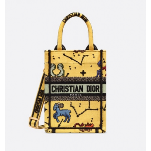 DIOR MINI DIOR BOOK TOTE PHONE BAG Yellow Multicolor Dior Pixel Zodiac Embroider  S5555CRTY