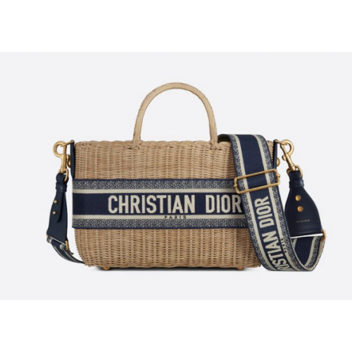 DIOR WICKER BASKET BAG Blue Dior Oblique Jacquard and Natural Wicker M7601