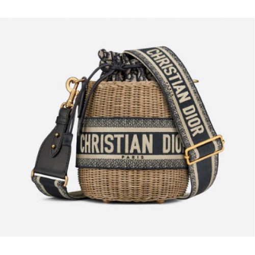 DIOR WICKER BUCKET BAG Blue Dior Oblique Jacquard and Natural Wicke M7600C