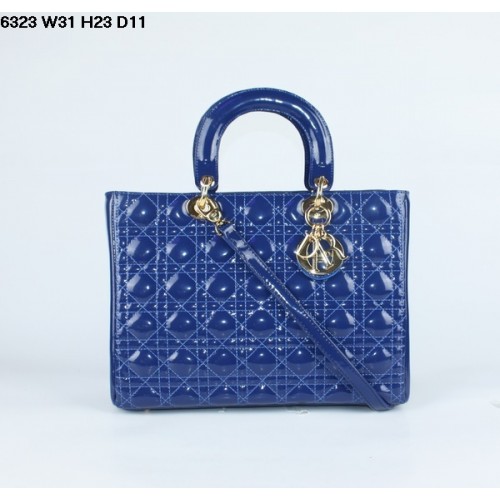 Christian Lady Dior Blue Patent Leather Bag 6323 Gold