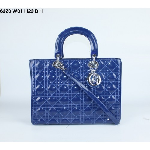 Christian Lady Dior Blue Patent Leather Bag 6323 Silver