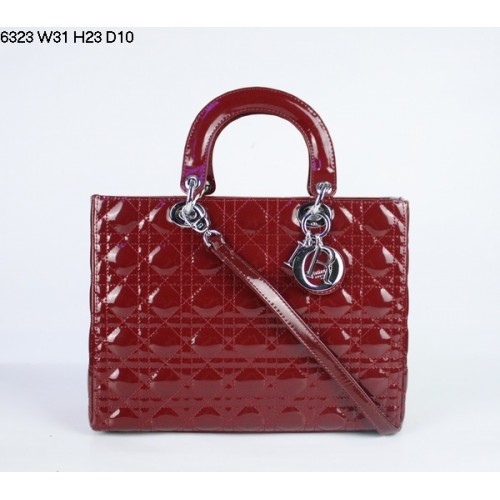 Christian Lady Dior Darkred Patent Leather Bag 6323 Silver