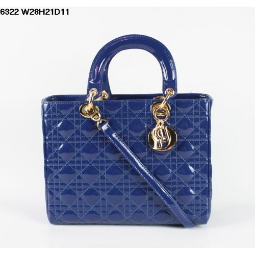 Christian Lady Dior Blue Patent Leather Bag 6322 Gold