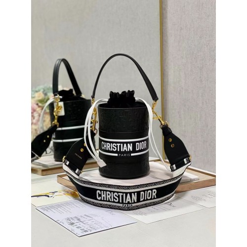 Dior Bubble Maple Leaf Embossing Calfskin Bucket Bag C9300 black