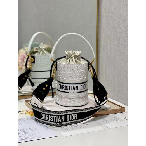Dior Bubble Maple Leaf Embossing Calfskin Bucket Bag C9300 white