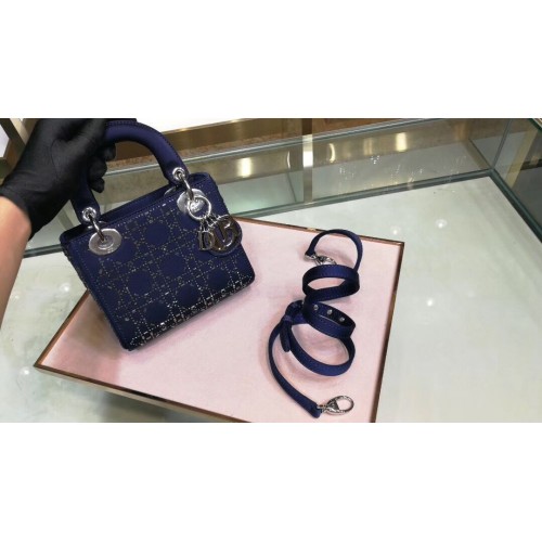 Dior Lady Original Silk Satin-Encrusted Satchel Bag 2369 Navy