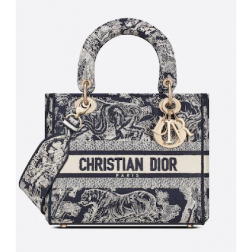 Dior MEDIUM LADY D-LITE BAG Blue Toile de Jouy Reverse Embroidery M0565