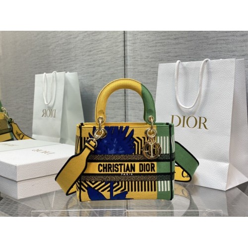 Dior MEDIUM LADY D-LITE BAG Embroidered C0420 yellow