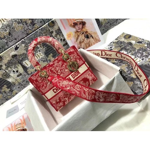 Dior MEDIUM LADY D-LITE BAG Flowers Embroidered Denim M0565OJA Red