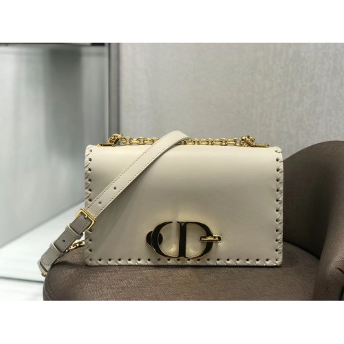 CHALK WHITE DIOR 30 MONTAIGNE THREADED EDGES CALFSKIN FLAP CHAIN BAG  M9220