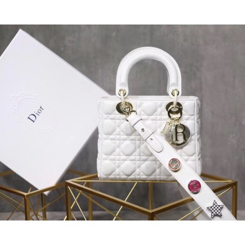 Dior lucky badges Original sheepskin Tote Bag A88035 white