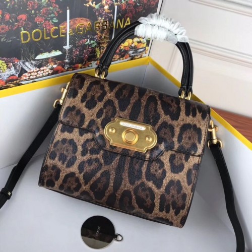 Dolce Gabbana Leopard Leather Top Handle Bag DG8588 Brown