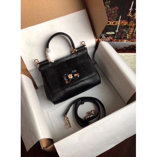 Dolce Gabbana Origianl Lizard Leather Flower Logo Bag BB4137 Black