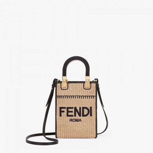 FENDI MINI SUNSHINE SHOPPER Braided straw mini-bag 8BS051 apricot