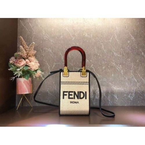 FENDI MINI SUNSHINE SHOPPER Braided straw mini-bag 8BS051 apricot