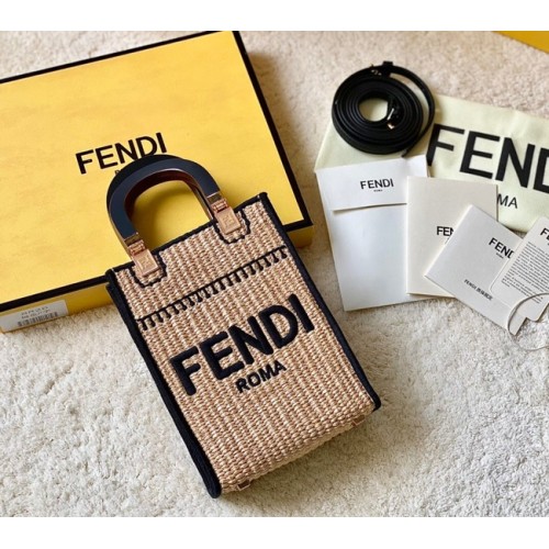FENDI Mini Sunshine Shopper FF raffia mini-bag 8BS051A black