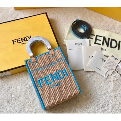 FENDI Mini Sunshine Shopper FF raffia mini-bag 8BS051A blue