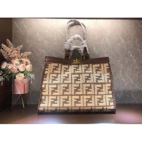 FENDI PEEKABOO X-TOTE FF raffia bag 8BH374A brown