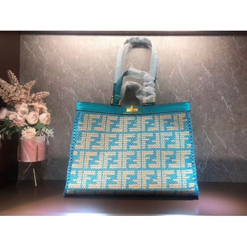 FENDI PEEKABOO X-TOTE FF raffia bag 8BH374A light blue