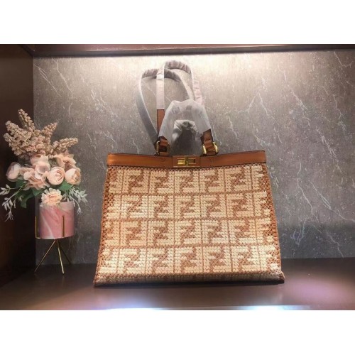 FENDI PEEKABOO X-TOTE FF raffia bag 8BH374A light brown