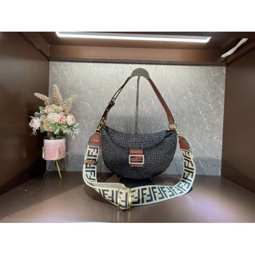 FENDI SMALL CROISSANT Woven straw bag 8BR790AFG black