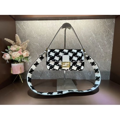 Fendi BAGUETTE Black and white braided leather bag 8BR600A